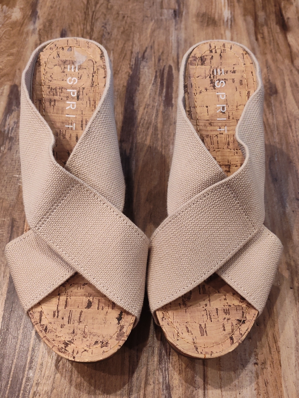 NWOT Esprit Oceane Beige Crisscross Canvas Cork Slide Mules, Sz 9.5